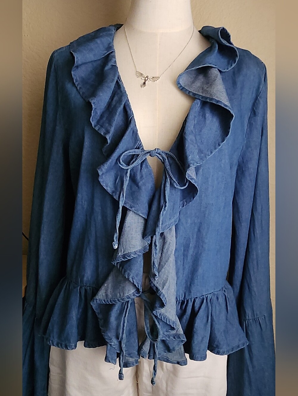 Ruffled Tie-Front Blue Denim Top Bell Sleeves